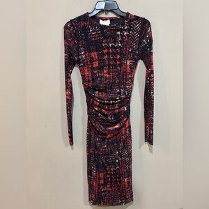 Fuzzi Dress Medium Red Black Abstract Mesh Ruched Long Sleeve Italy
